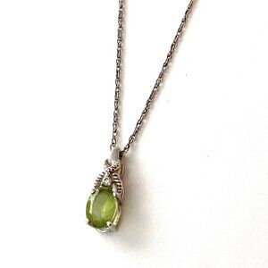 Vintage Peridot Necklace, Sterling Silver with CZ and Green Stone Pendant